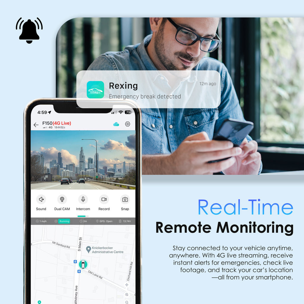 Rexing 4G LTE 2-Channel Dash Cam with GPS – 2.5K Front + 1080p Rear | Real-Time Remote Access & Alerts