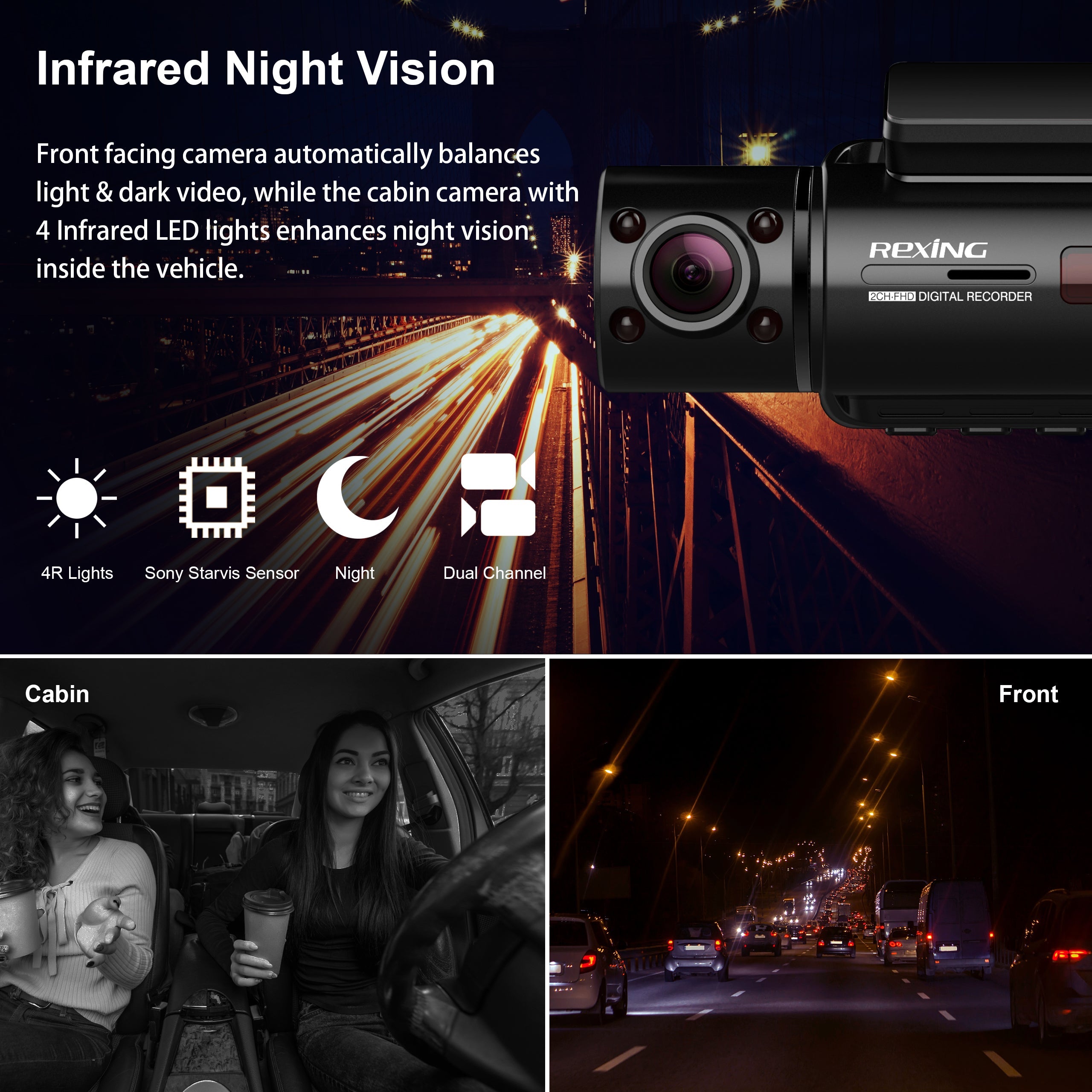 Rexing V3C Dual Camera Front and Inside Cabin Full HD 1080p Dash Cam with WiFi